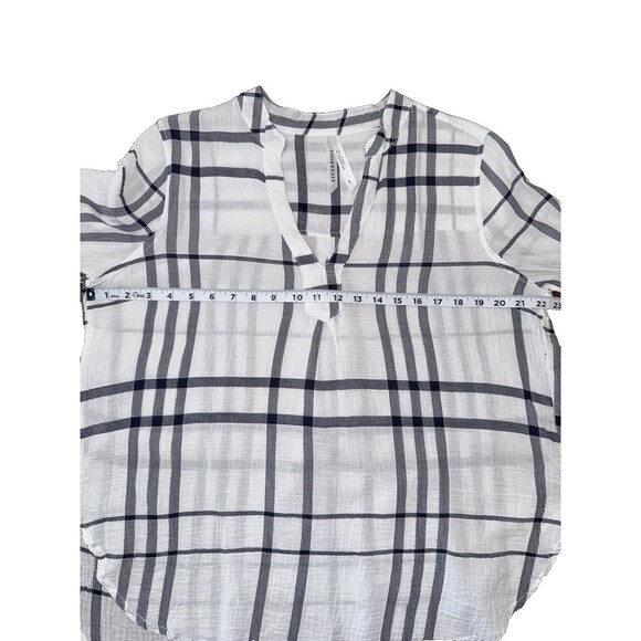 Liverpool Blue White Plaid Split Neck Long Sleeve Lightweight Blouse Size L - Picture 14 of 16
